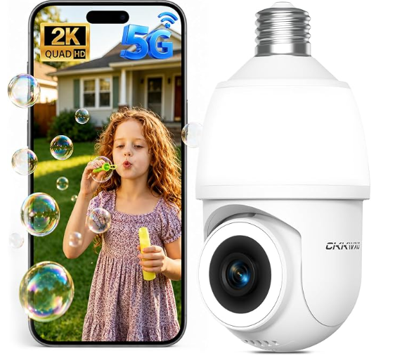 Camara Vigilancia WiFi Interior/Exterior con Bombilla 2K (3MP) | 2.4/5GHz Camaras Vigilancia Domicilio WiFi, Visión Nocturna en Color, Detección de Movimiento, PTZ, Casquillo E27