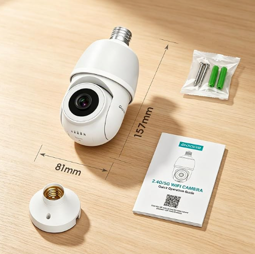 Camara Vigilancia WiFi Interior/Exterior con Bombilla 2K (3MP) | 2.4/5GHz Camaras Vigilancia Domicilio WiFi, Visión Nocturna en Color, Detección de Movimiento, PTZ, Casquillo E27