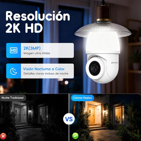 Camara Vigilancia WiFi Interior/Exterior con Bombilla 2K (3MP) | 2.4/5GHz Camaras Vigilancia Domicilio WiFi, Visión Nocturna en Color, Detección de Movimiento, PTZ, Casquillo E27