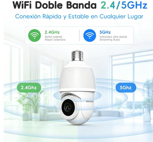 Camara Vigilancia WiFi Interior/Exterior con Bombilla 2K (3MP) | 2.4/5GHz Camaras Vigilancia Domicilio WiFi, Visión Nocturna en Color, Detección de Movimiento, PTZ, Casquillo E27