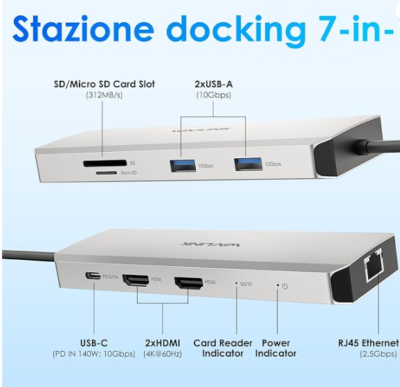 WAVLINK Docking Station Dual Monitor, Dual 4K @60Hz USB-C Dock with PD Pass-Through 125W, 2.5G Ethernet, 2×USB-A 10Gbps, SD/Micro SD Card Reader 312MB/s
