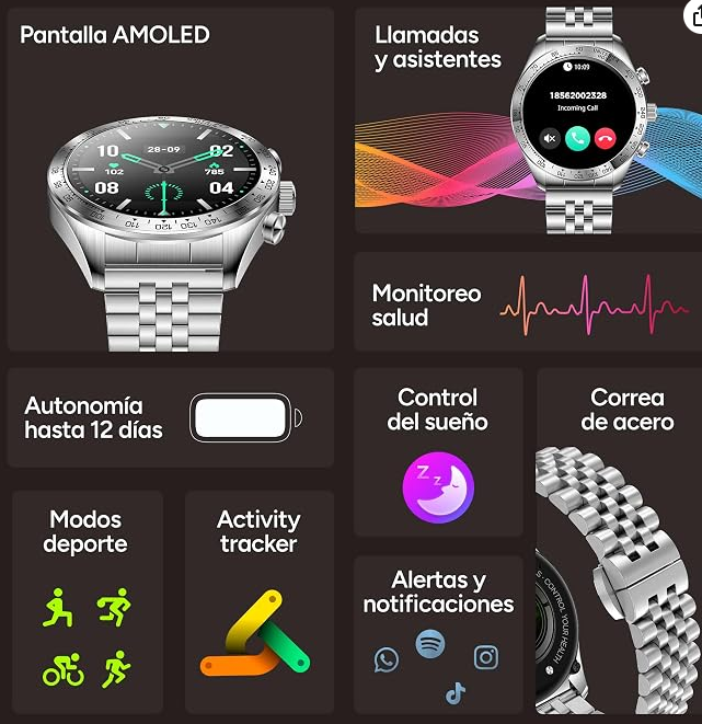 KSIX Elite Go Smartwatch Metálico, Pantalla AMOLED 1.43", Autonomía 7 días, IP67, +100 Modos Deporte, Llamadas, Plateado