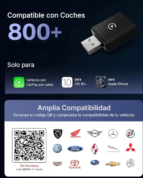 Adaptador Inalámbrico CarPlay | para Vehículos con CarPlay por Cable Instalado de fábrica, Compatible con iOS 10+ o Superior, Autos desde 2016