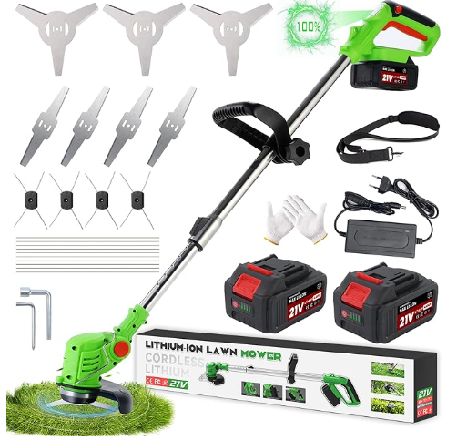 Fiutazge Desbrozadora a Batería 3 en 1, Desbrozadora Electrica con Disco Desbrozadora, Cortabordes Electrico Telescópico Ajustable, Ligero 1,5 kg con 2 Baterías 2,0Ah para Céspedes y Jardín