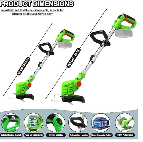 Fiutazge Desbrozadora a Batería 3 en 1, Desbrozadora Electrica con Disco Desbrozadora, Cortabordes Electrico Telescópico Ajustable, Ligero 1,5 kg con 2 Baterías 2,0Ah para Céspedes y Jardín