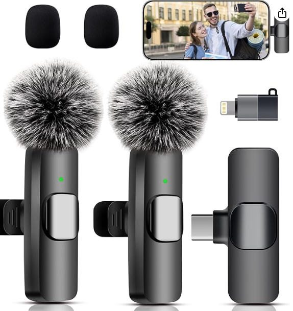 Micrófono Lavalier inalámbrico para iPhone, iPad, teléfono Android, paquete de 2 unidades de mini micrófono con cancelación de ruido, emparejamiento automático y silencio y reverberación para vlogging | Para iPhone, iPad, Android