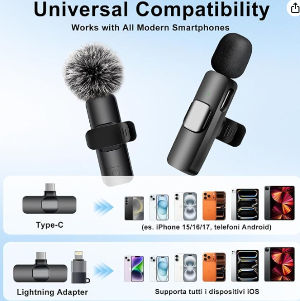 Micrófono Lavalier inalámbrico para iPhone, iPad, teléfono Android, paquete de 2 unidades de mini micrófono con cancelación de ruido, emparejamiento automático y silencio y reverberación para vlogging | Para iPhone, iPad, Android