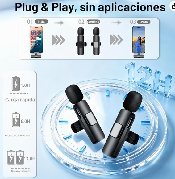 Micrófono Lavalier inalámbrico para iPhone, iPad, teléfono Android, paquete de 2 unidades de mini micrófono con cancelación de ruido, emparejamiento automático y silencio y reverberación para vlogging | Para iPhone, iPad, Android