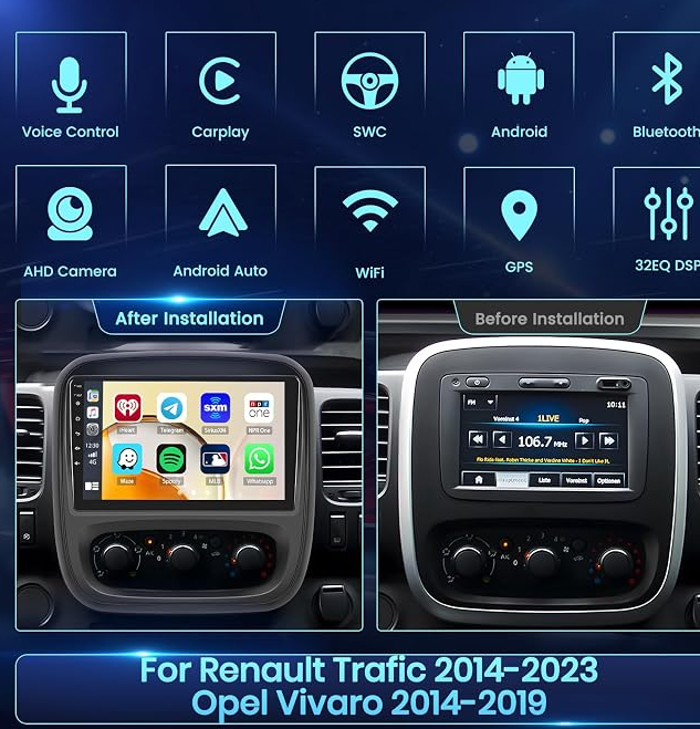 9" Radio Coche para Renault Trafic 2014-2023/Opel Vivaro 2014-2019 2+64G | Radio Carplay/Android Auto Wireless, Android 15 Autoradio 9" Écran Tactile,Bluetooth/GPS, Cámara Trasera, FM, WiFi, SWC/26UI