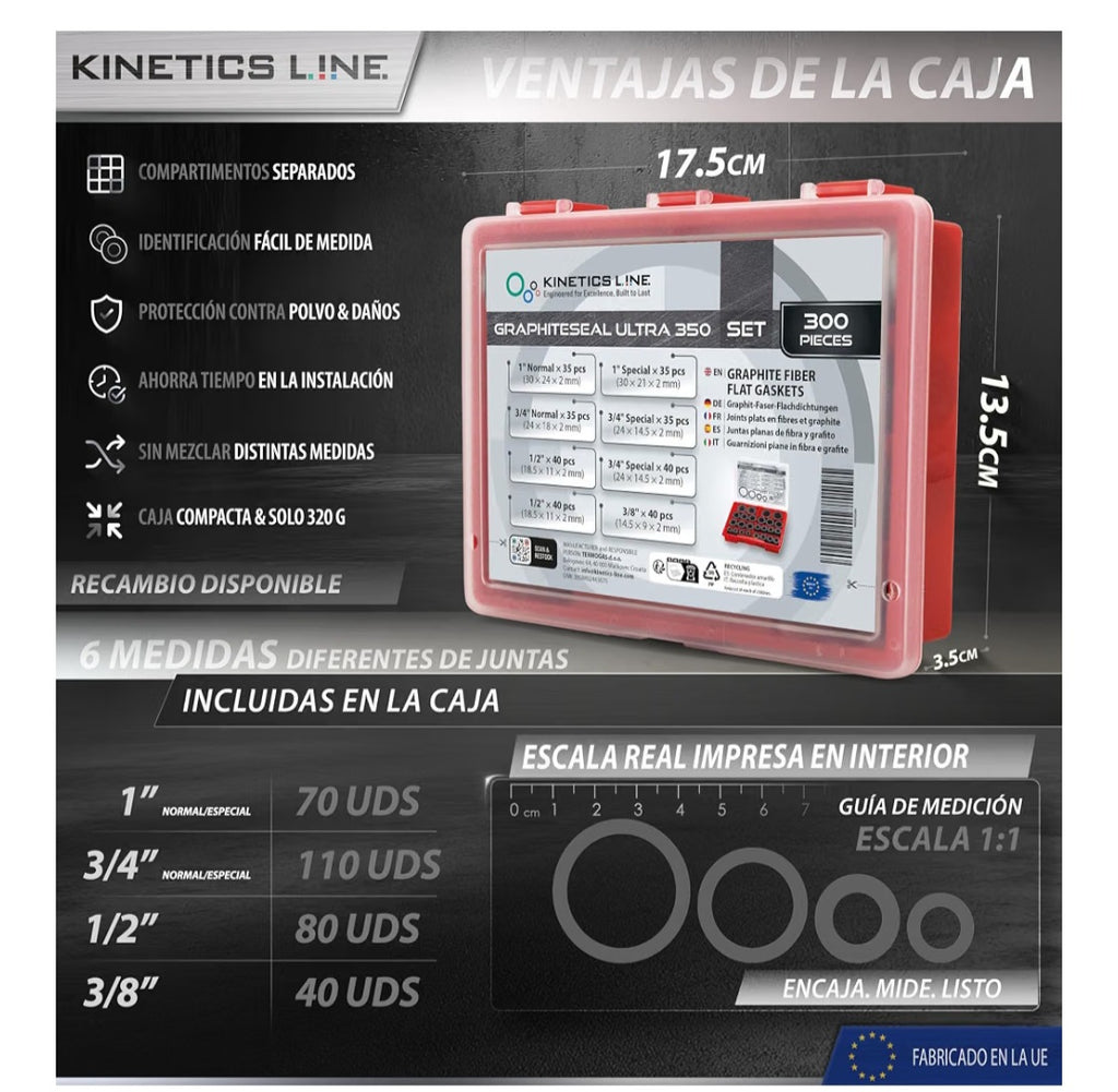 Kit de 300 Juntas de Grafito para Bridas, 3/8"– 1"
Surtido Industrial para Vapor y Calderas; Alta Temperatura y Presión hasta 100 bar