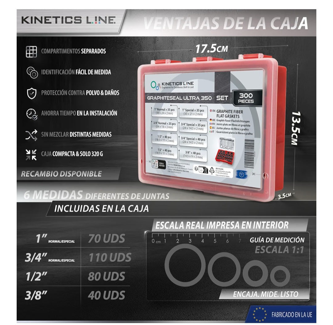 Kit de 300 Juntas de Grafito para Bridas, 3/8"– 1"
Surtido Industrial para Vapor y Calderas; Alta Temperatura y Presión hasta 100 bar