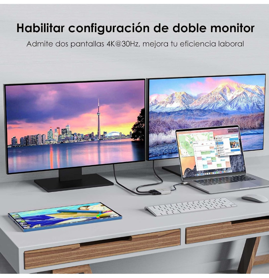 WAVLINK Divisor USB-C a Doble HDMI, Adaptador HDMI 3 en 1
Doble pantalla 4K@60Hz, entrada PD de 87W, compatible con Dell, HP, Lenovoetc y sistemas Windows únicamente