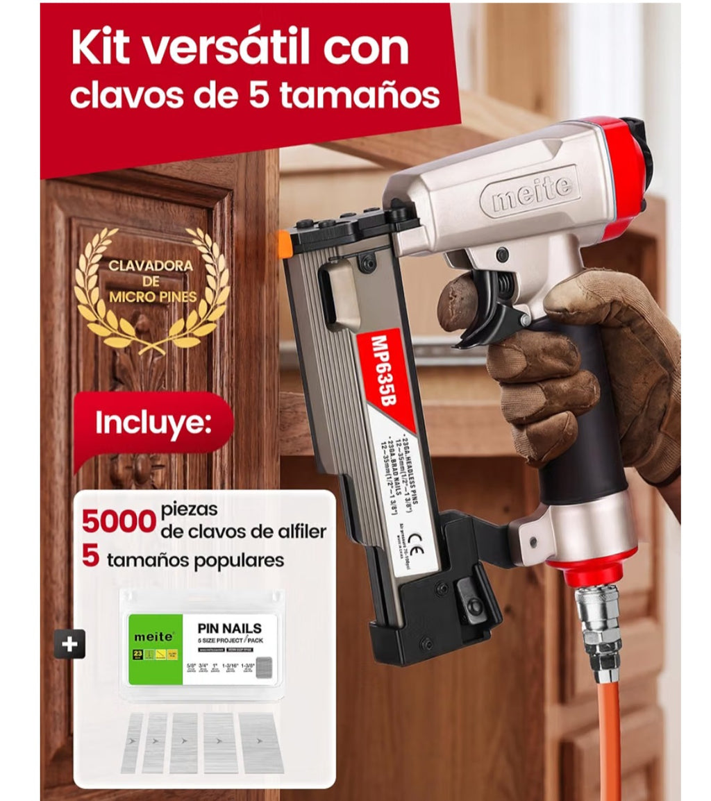 meite MP635B Clavadora Neumática de Pines 23GA con 10.000 Clavos Pin 0,6 mm
Clavos Pin Surtidos De 15, 19, 25, 30 Y 35 mm, Compatible Con Clavos Pin De 12-35 mm Para Molduras Y Paneles
