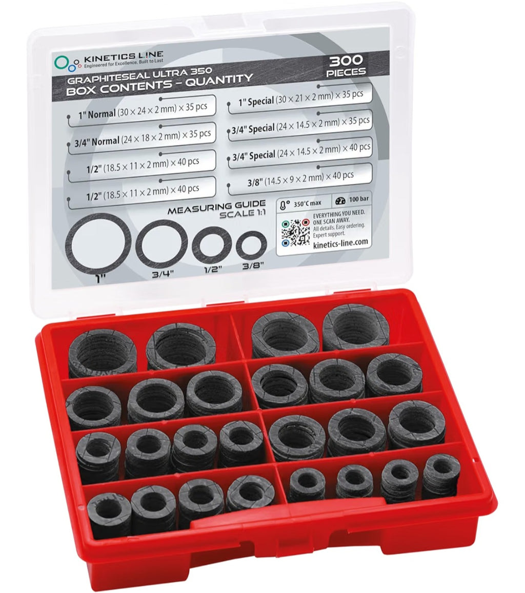 Kit de 300 Juntas de Grafito para Bridas, 3/8"– 1"
Surtido Industrial para Vapor y Calderas; Alta Temperatura y Presión hasta 100 bar