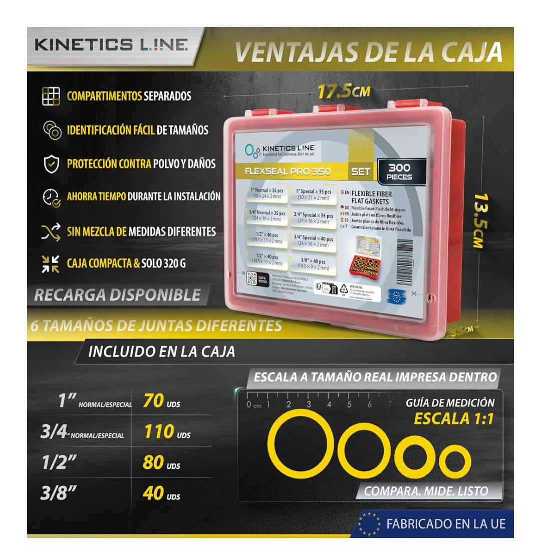 Kit de 300 Juntas Flexibles para Bridas, 3/8"–1"
Para Gas, Agua, Caldera y Calefacción; Alta Temperatura y Presión hasta 100 bar