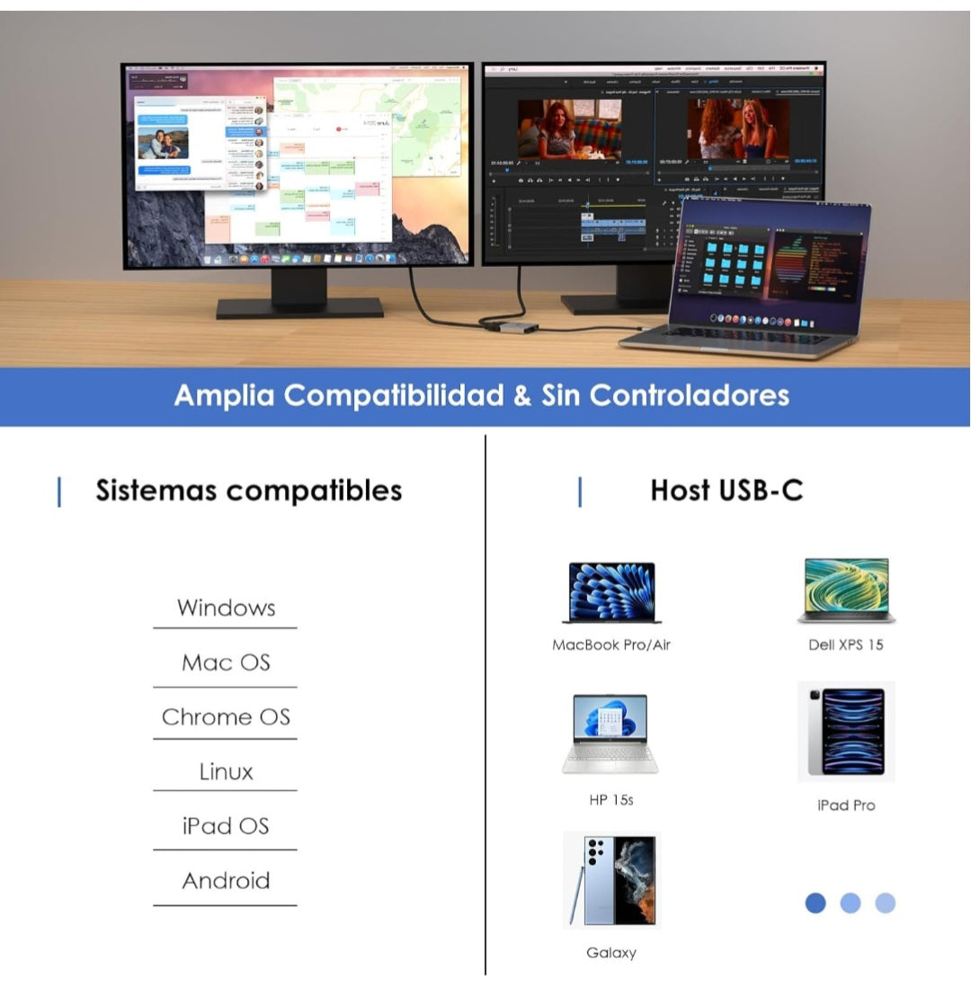 WAVLINK Divisor USB-C a Doble HDMI, Adaptador HDMI 3 en 1
Doble pantalla 4K@60Hz, entrada PD de 87W, compatible con Dell, HP, Lenovoetc y sistemas Windows únicamente