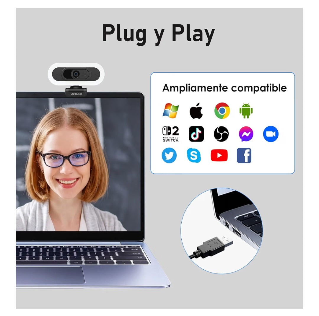 W8LS Webcam 4K 30FPS con Micrófono Anti-Ruido, Luz de Anillo LED, Autofoco, Corrección de Luz, 78°Gran Angular, Tapa Privacidad, Plug & Play, Trípode - comptible Zoom, Teams, OBS y Switch 2