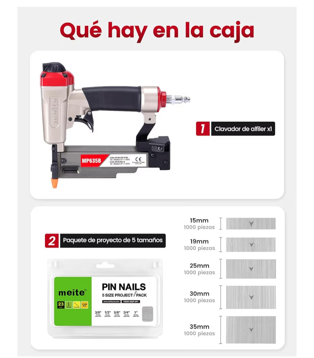 meite MP635B Clavadora Neumática de Pines 23GA con 10.000 Clavos Pin 0,6 mm
Clavos Pin Surtidos De 15, 19, 25, 30 Y 35 mm, Compatible Con Clavos Pin De 12-35 mm Para Molduras Y Paneles