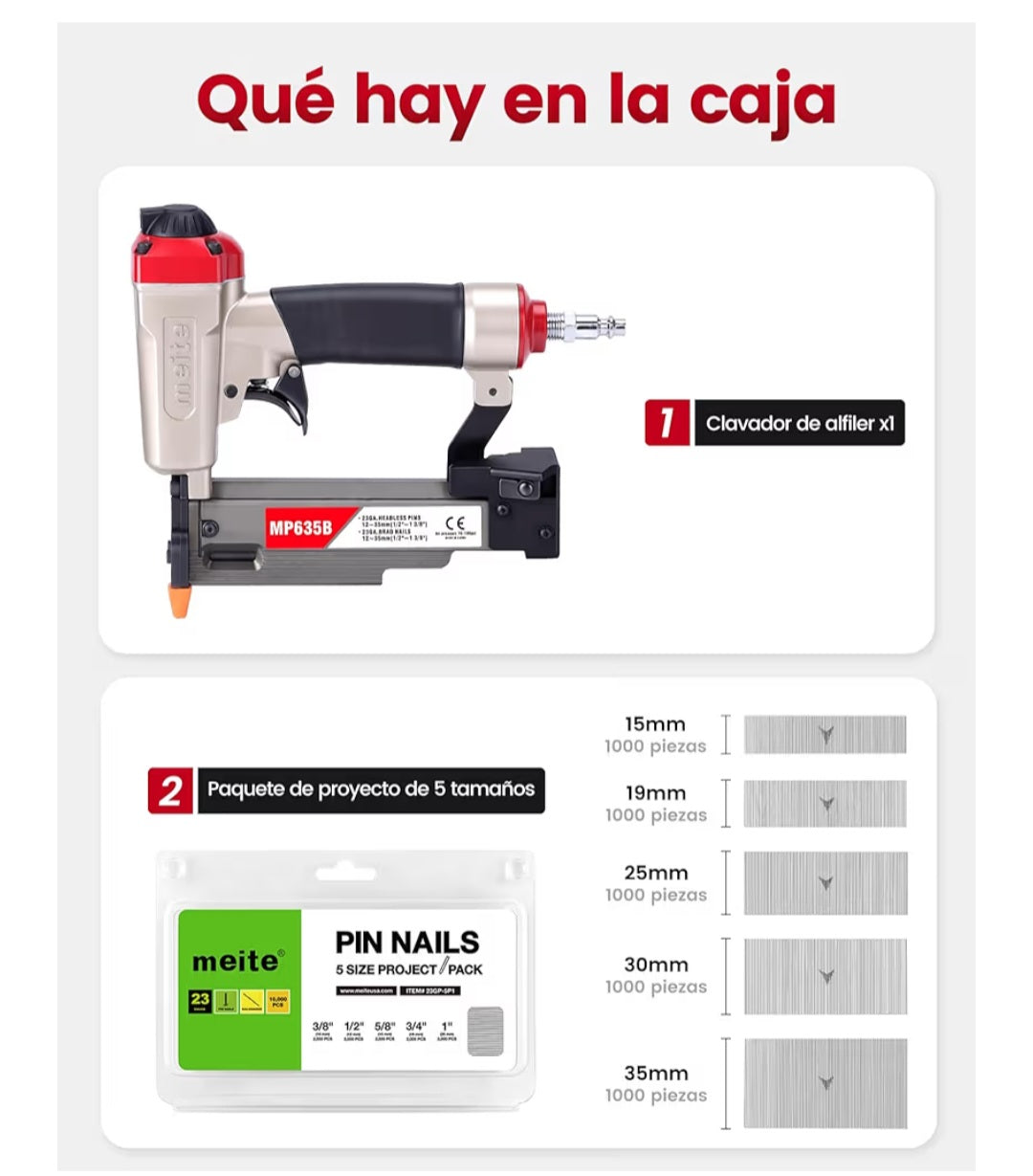 meite MP635B Clavadora Neumática de Pines 23GA con 10.000 Clavos Pin 0,6 mm
Clavos Pin Surtidos De 15, 19, 25, 30 Y 35 mm, Compatible Con Clavos Pin De 12-35 mm Para Molduras Y Paneles
