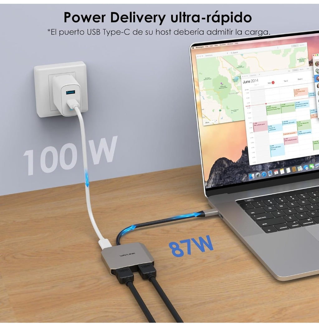 WAVLINK Divisor USB-C a Doble HDMI, Adaptador HDMI 3 en 1
Doble pantalla 4K@60Hz, entrada PD de 87W, compatible con Dell, HP, Lenovoetc y sistemas Windows únicamente