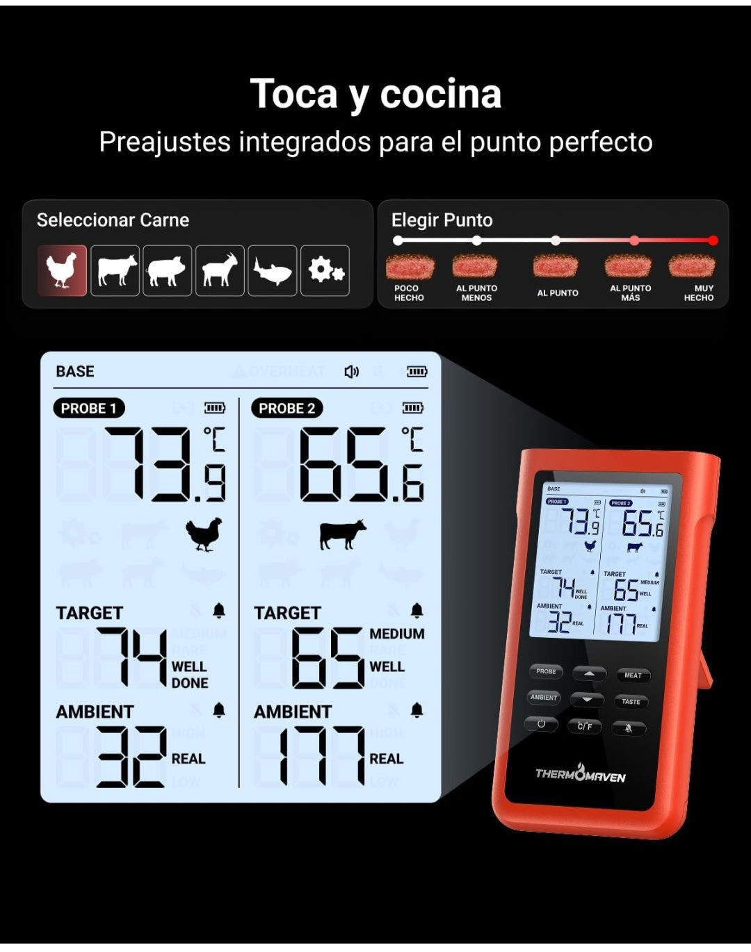 ThermoMaven X2 Termómetro para Carne Inalámbrico con 2 Sondas 915m Sub-1G
Finas NIST, 6 Sensores, Pantalla LCD sin App para Barbacoa, Horno, Parrilla, Ahumador, Costillas, Asados y Cocción Lenta