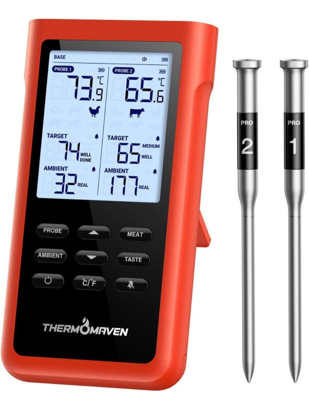 ThermoMaven X2 Termómetro para Carne Inalámbrico con 2 Sondas 915m Sub-1G
Finas NIST, 6 Sensores, Pantalla LCD sin App para Barbacoa, Horno, Parrilla, Ahumador, Costillas, Asados y Cocción Lenta