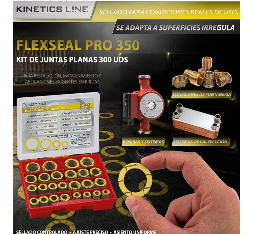 Kit de 300 Juntas Flexibles para Bridas, 3/8"–1"
Para Gas, Agua, Caldera y Calefacción; Alta Temperatura y Presión hasta 100 bar
