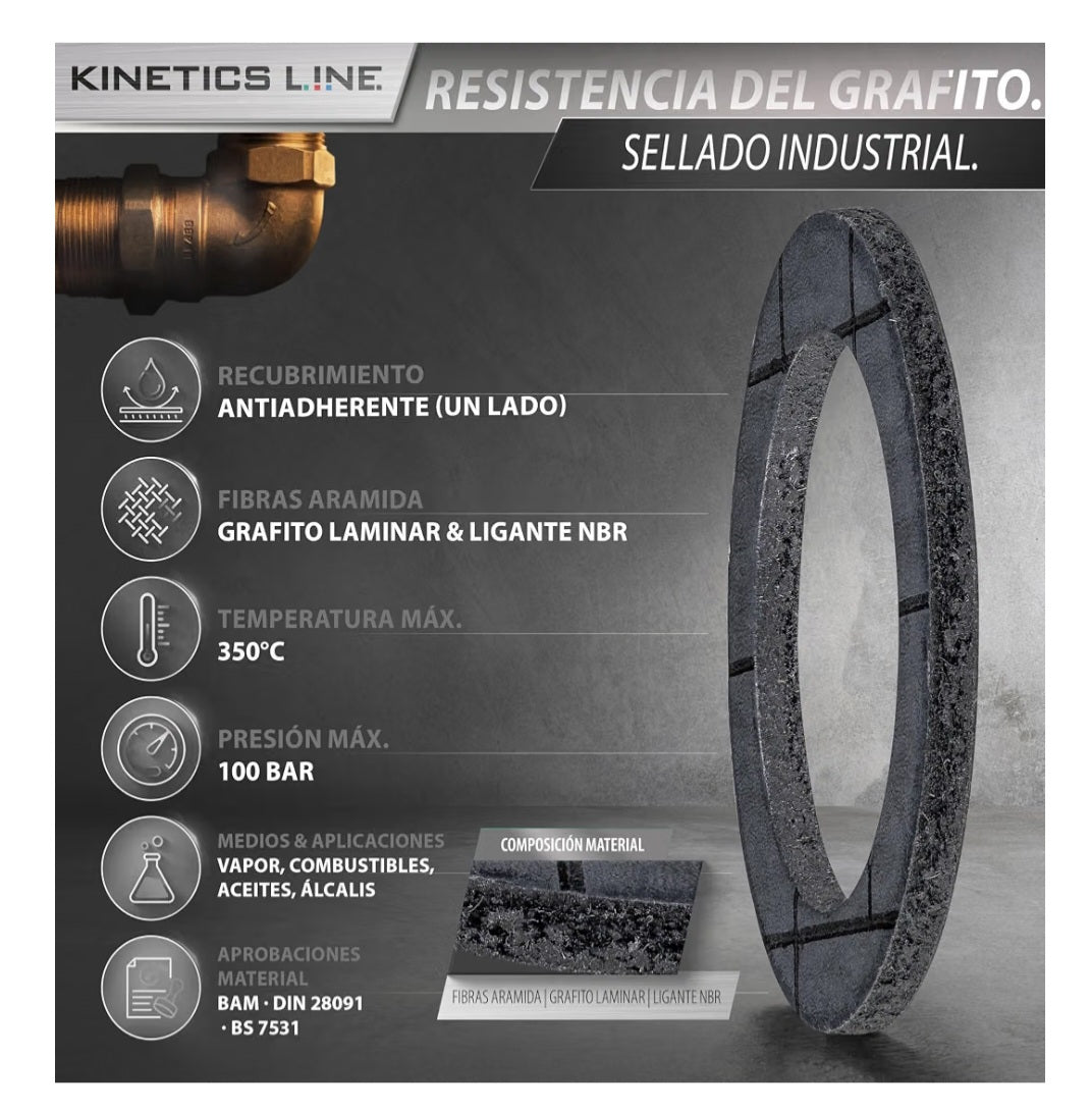 Kit de 300 Juntas de Grafito para Bridas, 3/8"– 1"
Surtido Industrial para Vapor y Calderas; Alta Temperatura y Presión hasta 100 bar