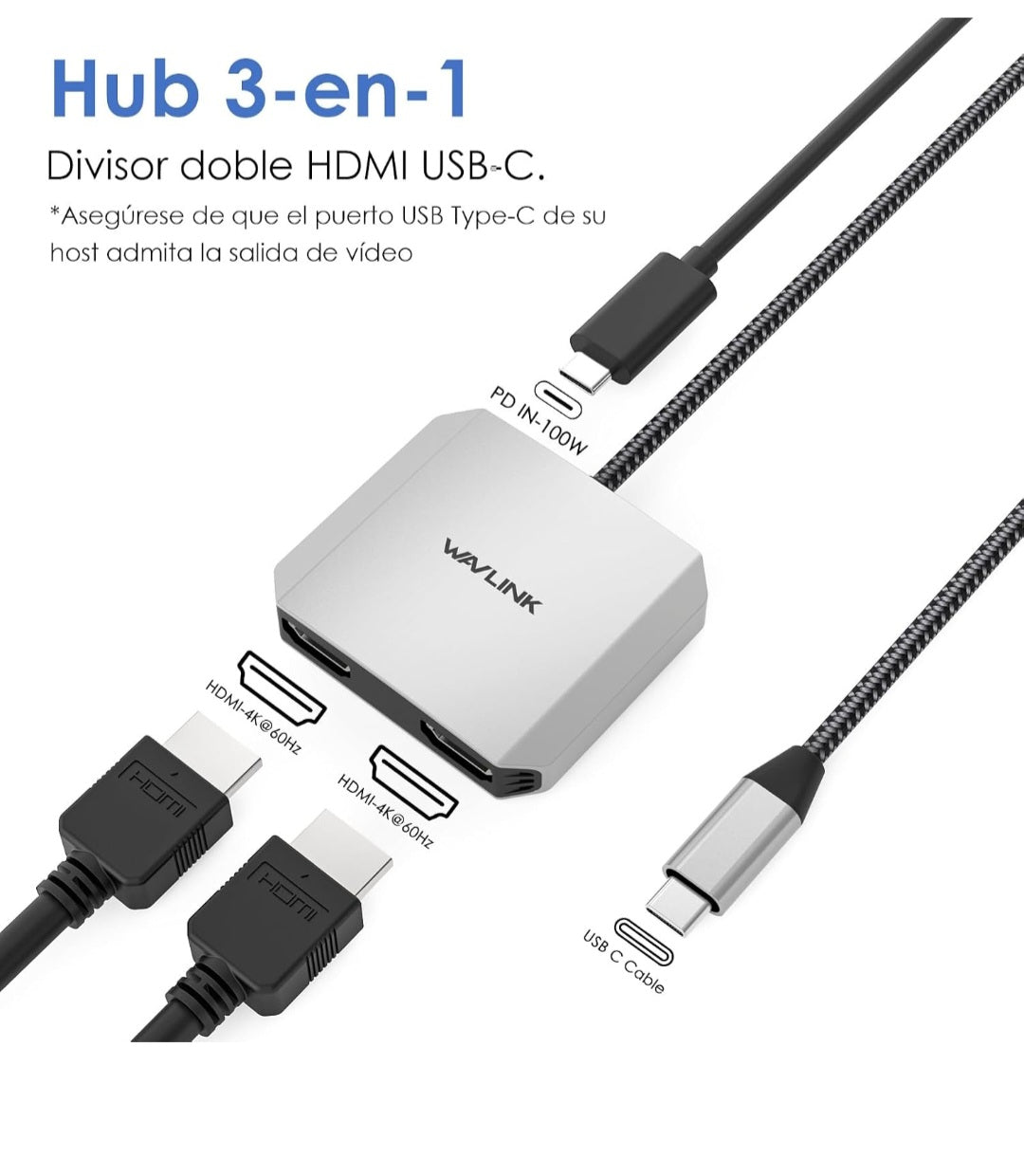 WAVLINK Divisor USB-C a Doble HDMI, Adaptador HDMI 3 en 1
Doble pantalla 4K@60Hz, entrada PD de 87W, compatible con Dell, HP, Lenovoetc y sistemas Windows únicamente