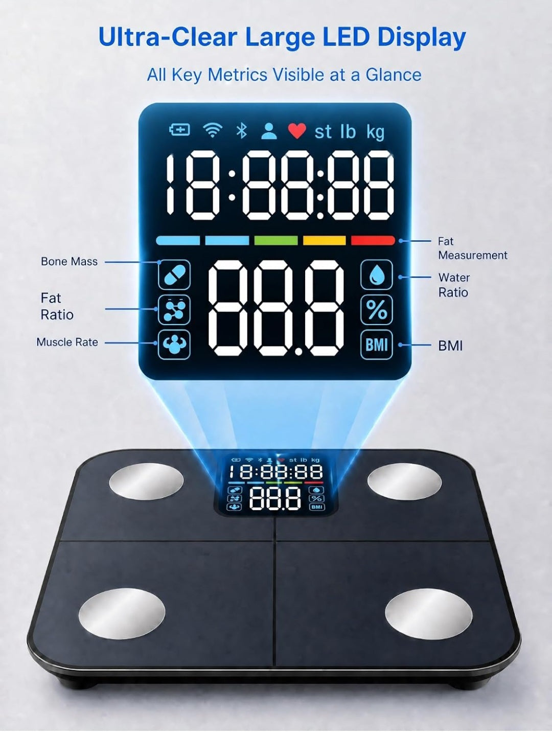 Báscula Inteligente de Análisis Corporal con Bluetooth
Báscula Digital Personal Con 25 Valores De Salud, Sincronización Con Aplicación Para La Reducción De Peso Y Seguimiento