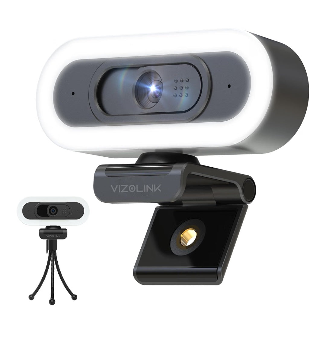 W8LS Webcam 4K 30FPS con Micrófono Anti-Ruido, Luz de Anillo LED, Autofoco, Corrección de Luz, 78°Gran Angular, Tapa Privacidad, Plug & Play, Trípode - comptible Zoom, Teams, OBS y Switch 2