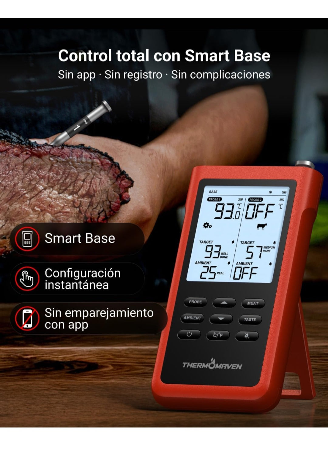 ThermoMaven X2 Termómetro para Carne Inalámbrico con 2 Sondas 915m Sub-1G
Finas NIST, 6 Sensores, Pantalla LCD sin App para Barbacoa, Horno, Parrilla, Ahumador, Costillas, Asados y Cocción Lenta