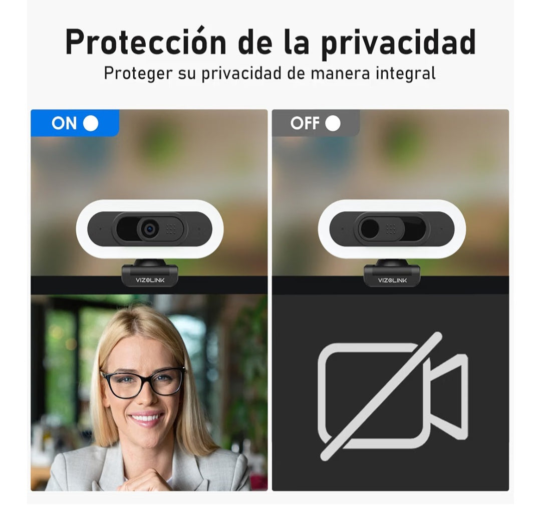 W8LS Webcam 4K 30FPS con Micrófono Anti-Ruido, Luz de Anillo LED, Autofoco, Corrección de Luz, 78°Gran Angular, Tapa Privacidad, Plug & Play, Trípode - comptible Zoom, Teams, OBS y Switch 2