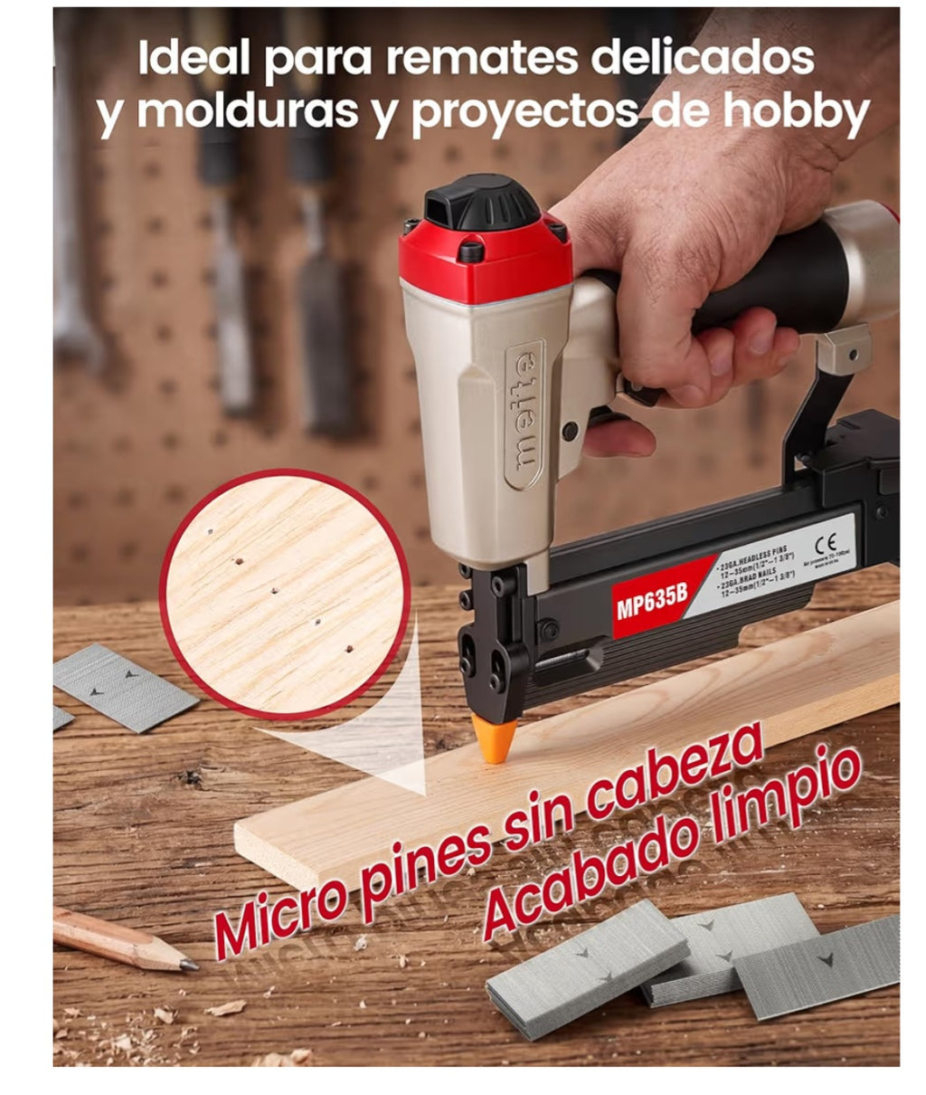 meite MP635B Clavadora Neumática de Pines 23GA con 10.000 Clavos Pin 0,6 mm
Clavos Pin Surtidos De 15, 19, 25, 30 Y 35 mm, Compatible Con Clavos Pin De 12-35 mm Para Molduras Y Paneles