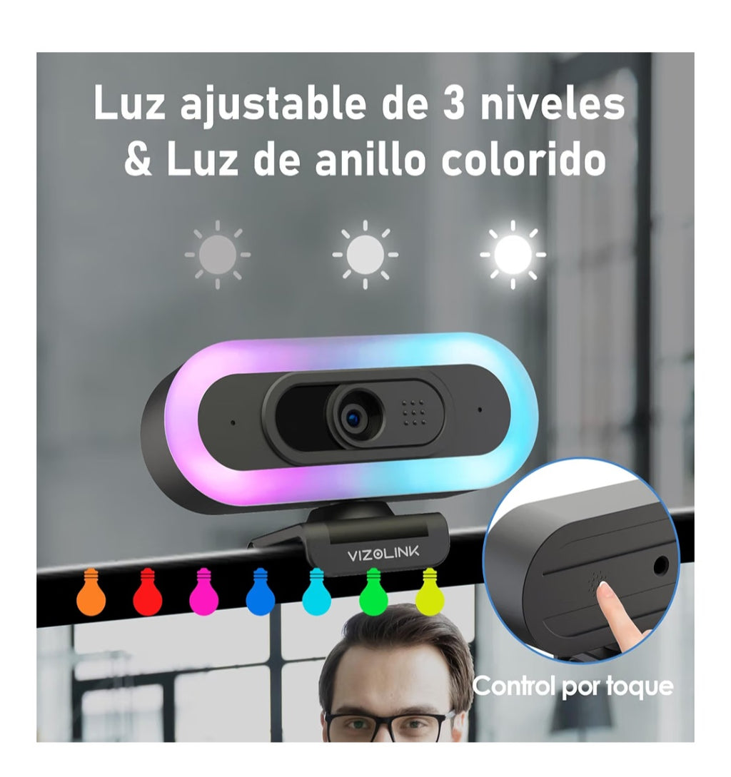 W8LS Webcam 4K 30FPS con Micrófono Anti-Ruido, Luz de Anillo LED, Autofoco, Corrección de Luz, 78°Gran Angular, Tapa Privacidad, Plug & Play, Trípode - comptible Zoom, Teams, OBS y Switch 2
