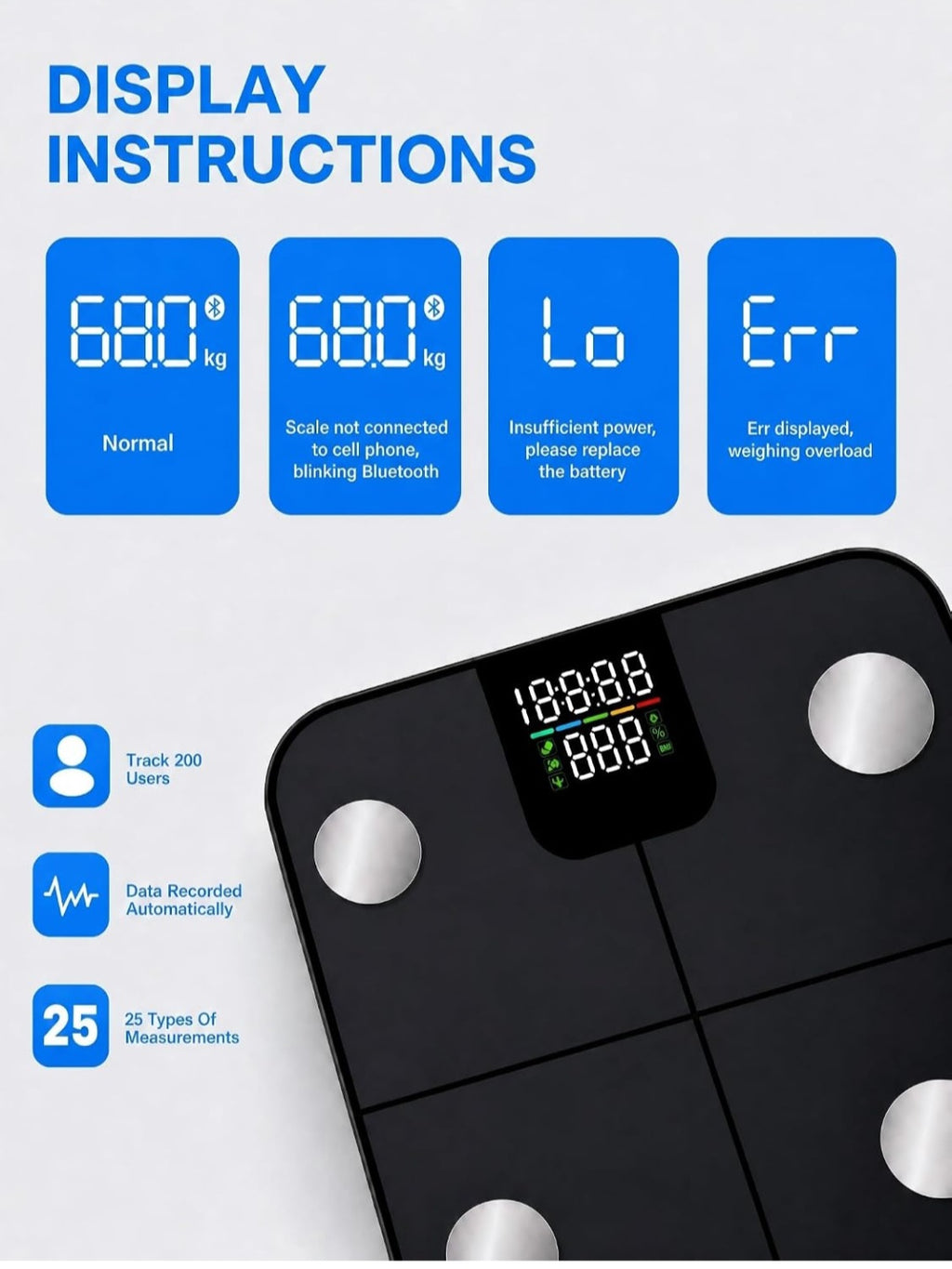Báscula Inteligente de Análisis Corporal con Bluetooth
Báscula Digital Personal Con 25 Valores De Salud, Sincronización Con Aplicación Para La Reducción De Peso Y Seguimiento