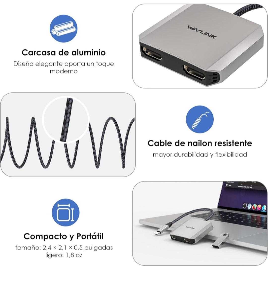 WAVLINK Divisor USB-C a Doble HDMI, Adaptador HDMI 3 en 1
Doble pantalla 4K@60Hz, entrada PD de 87W, compatible con Dell, HP, Lenovoetc y sistemas Windows únicamente