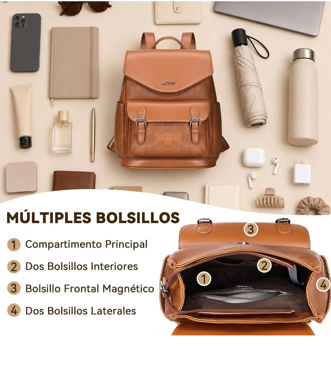 Eshow Mochila Mujer Antirrobo con Protección RFID Marrón
Bolso Impermeable, con Múltiples bolsillos, Casual para Viaje Oficina Trabajo Universidad