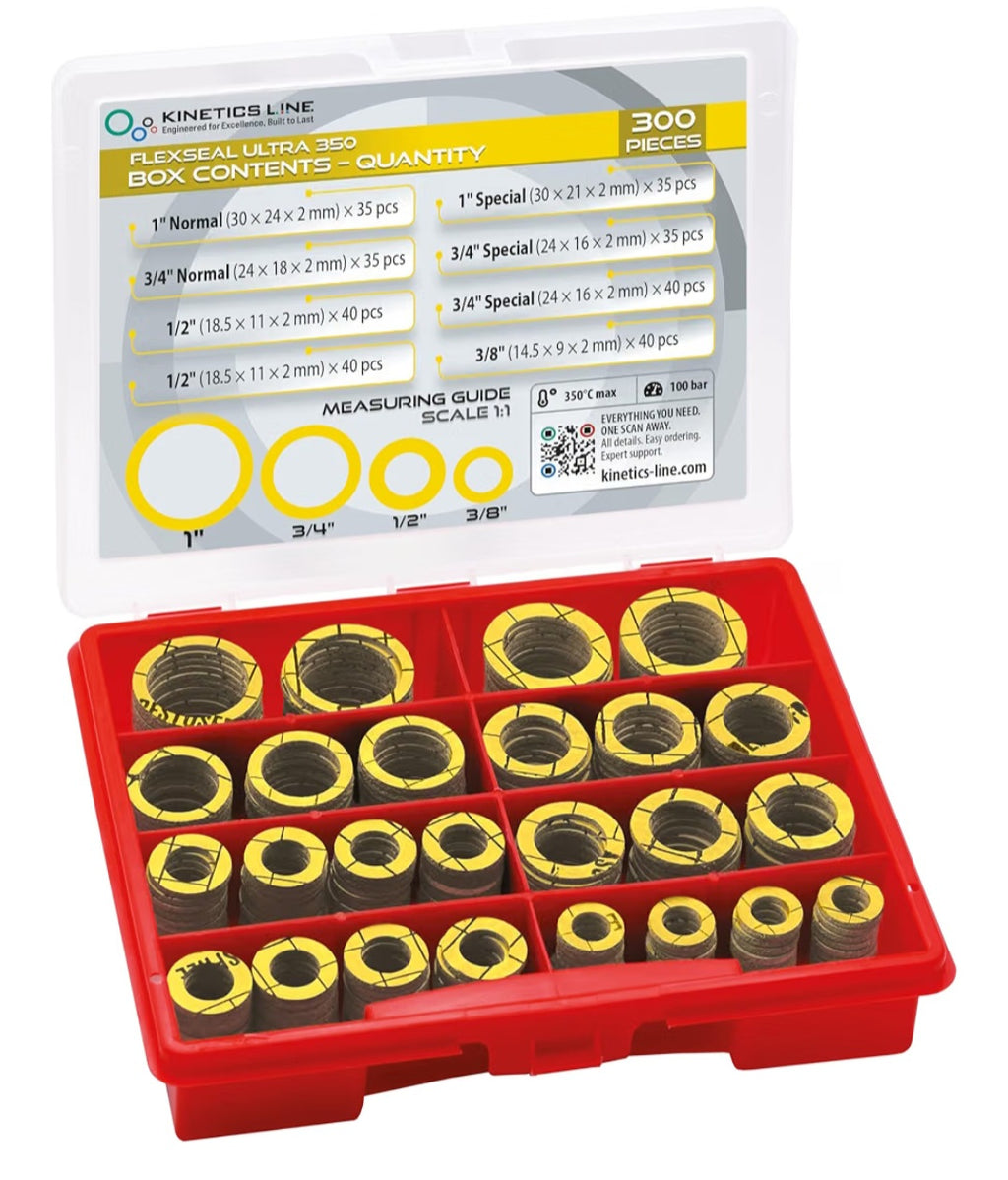 300-Piece Flexible Flange Gasket Kit, 3/8"–1"
For Gas, Water, Boiler, and Heating; High Temperature and Pressure up to 100 bar