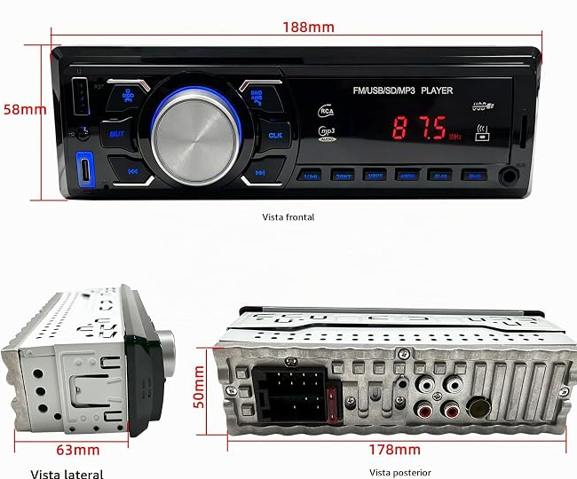 Radio Coche Bluetooth 1 DIN - Autoradio con Control Remoto/Radio FM/USB | Soporta Llamadas Manos Libres/AUX-in/EQ/ Carga tipo C - Estéreo para Coche 12V