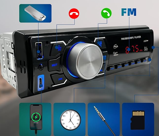 Radio Coche Bluetooth 1 DIN - Autoradio con Control Remoto/Radio FM/USB | Soporta Llamadas Manos Libres/AUX-in/EQ/ Carga tipo C - Estéreo para Coche 12V